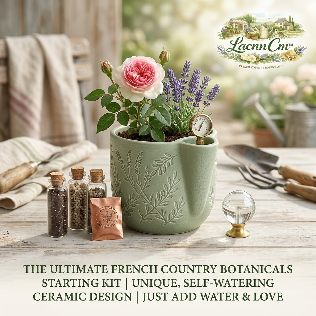๐ฟ LacnnCmโข Ultimate French Country Botanicals Starter Kit | Premium Self-Watering Ceramic Flower & Herb Planter | Complete Indoor Gardening Grow Kit with Soil Moisture Dial, Heirloom Seed Vials & Crystal Watering Globe