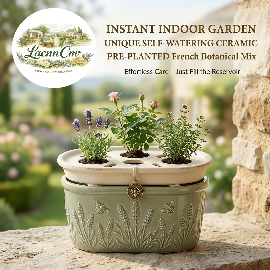 LacnnCm™ Self-Watering Ceramic Indoor Garden Kit | Pre-Planted Live French Country Botanical Mix (Lavender, Miniature Rose, Thyme) | Elegant Sage Green Embossed Plant Pot with Reservoir | Thoughtful Gift for Plant Lovers, Kitchen & Home Decor