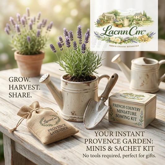 LacnnCm™ French Country Miniature Lavender Grow Kit - Indoor Herb Starter Garden Set with Ceramic Watering Can Planter, Wooden Sowing Box, Real Lavender Sachet & Hand Trowel - Perfect DIY Eco-Friendly Gift, No Tools Required