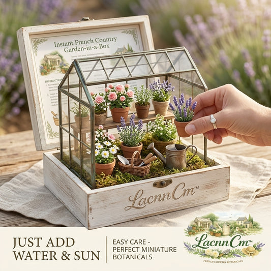 LacnnCm™ Instant French Country Garden-in-a-Box | Miniature Glass Greenhouse Terrarium Kit with Live Easy-Care Botanicals | Premium Desktop Fairy Garden in Rustic Wooden Gift Box | Unique Plant Lover Gift & Cottagecore Home Decor
