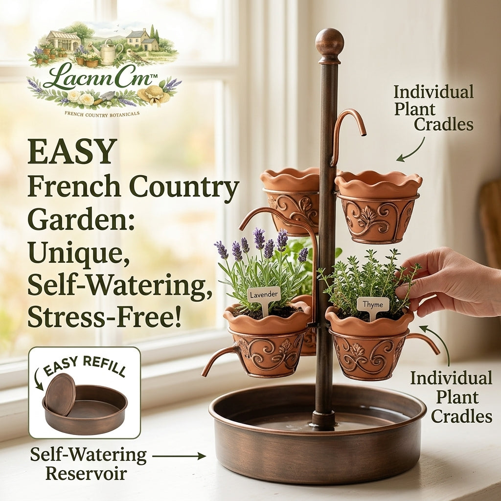 LacnnCm™ Self-Watering Indoor Herb Garden Kit - 4-Tier Vertical Plant Stand with Terracotta-Style Pots, French Country Decor Cascading Planter for Kitchen Window, Living Room, Balcony - Stress-Free Plant Care