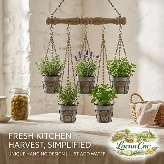 LacnnCm™ 5-Tier Hanging Herb Planter for Indoor Kitchen Garden | Rustic Farmhouse Galvanized Metal Pots with Turned Wood Hanger & Chains | Vertical Window Plant Holder for Fresh Herbs, Succulents & Flowers